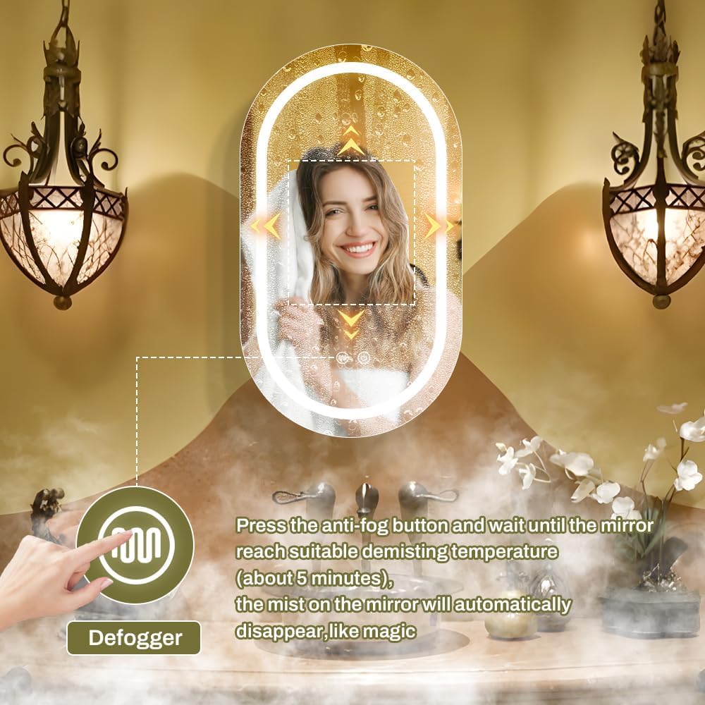 Janboe Oval Mirror Cabinet with Light,41×71cm,3 Colors&Dimmer,Defogger,Internal LIghting,Powerer Coating Iron,USB Shaver Socket,Gold