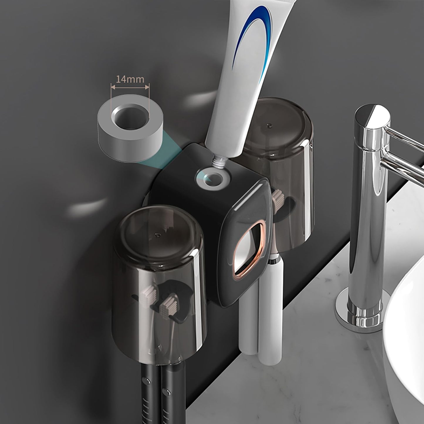 Braozaiw toothbrush holder wall mounted, toothpaste dispenser, electric toothbrush holder, With 4 Brush Slots 2 Cups No Drilling Required (Black)