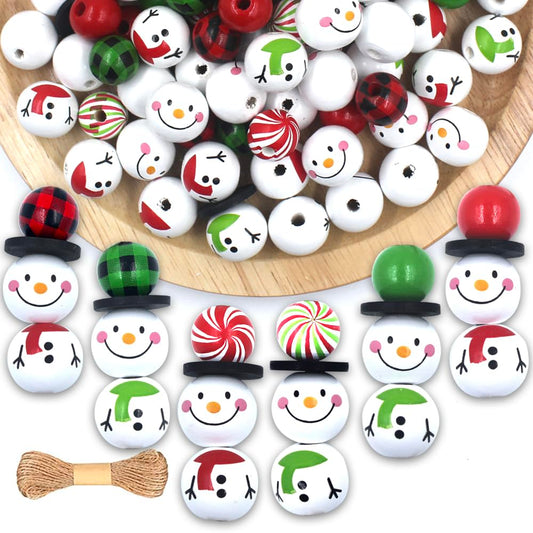 120 PCS Snowmen Wooden Beads, Christmas Wood Beads with Twine Scarf, Colorful Green Red Buffalo Plaid Winter Wooden Round Bead for DIY Crafts