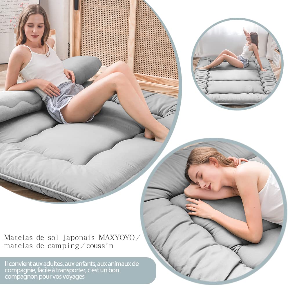 MAXYOYO Japanese Floor Futon Mattress, Thicken Tatami Sleeping Pad Foldable Roll Up Dormitory Mat Pad Floor Lounger Pillow Bed (Double, Gray)