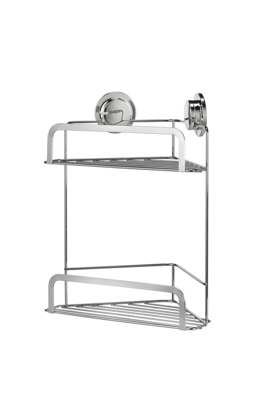 Croydex Stick 'N' Lock Two Tier Corner Shower Caddy - Shower Shelf No Drilling Bathroom Storage Solution with Sticky Pad Easy-Clean 5 Year Rust-Free