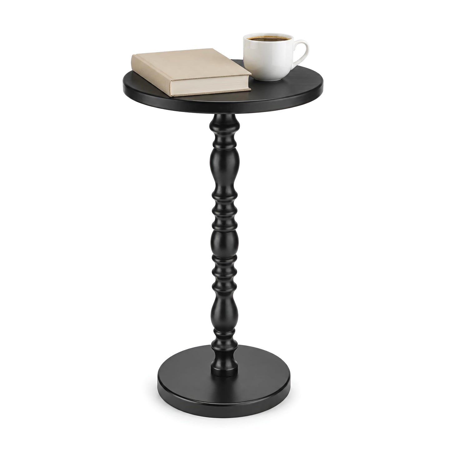 Junistra Round Drink Table, Small Pine Wood Sculpted Pedestal Side Table for Sofa, Living Room, Bedroom and Small Spaces, Black