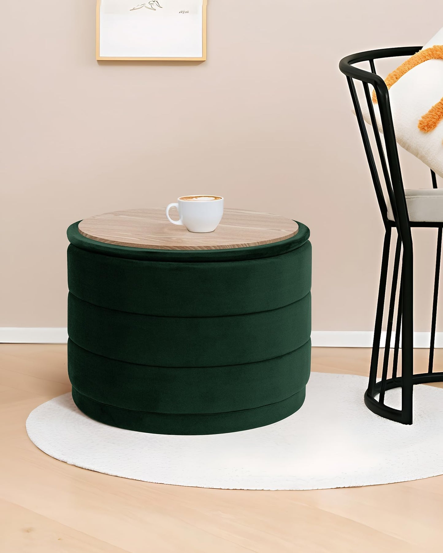 Bonlife Large Storage Ottoman Round - Folding Foot Rest with Hidden Storage, Bottle Green Velvet 58x58x44cm for Living Room, Bedroom & Hallway