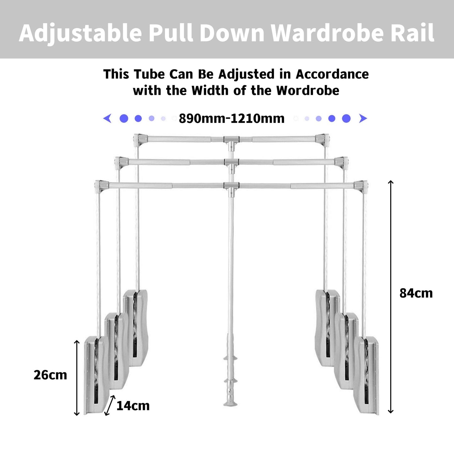 ybaymy Pull Down Wardrobe Rail Adjustable Width 890mm to 1210mm Pull Down Hanging Rail for Wardrobe Heavy Duty Pull Down Clothes Rail Lift for Closet