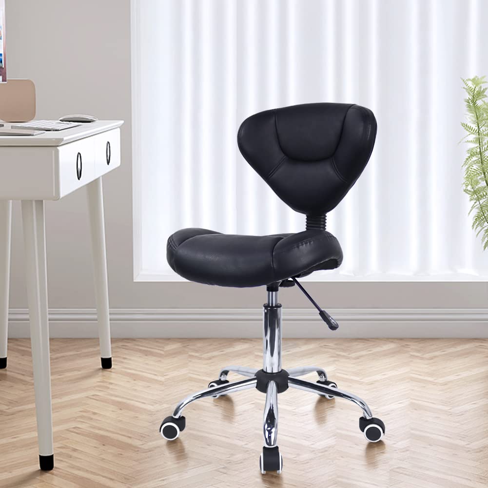WKWKER Ergonomic Rolling Stool With Thick Cushion PU Leather Height Adjustable Swivel Stool For Work SPA Salon Tattoo With Back (Black)