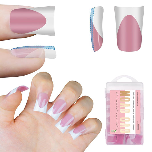 NOVO OVO French Tip Short Duck Nail Tips Press on, Pre-designed Soft Gel Nail Extension, BERRY PINK Pre-applied Tip Primer & Base Coat, Full Cover