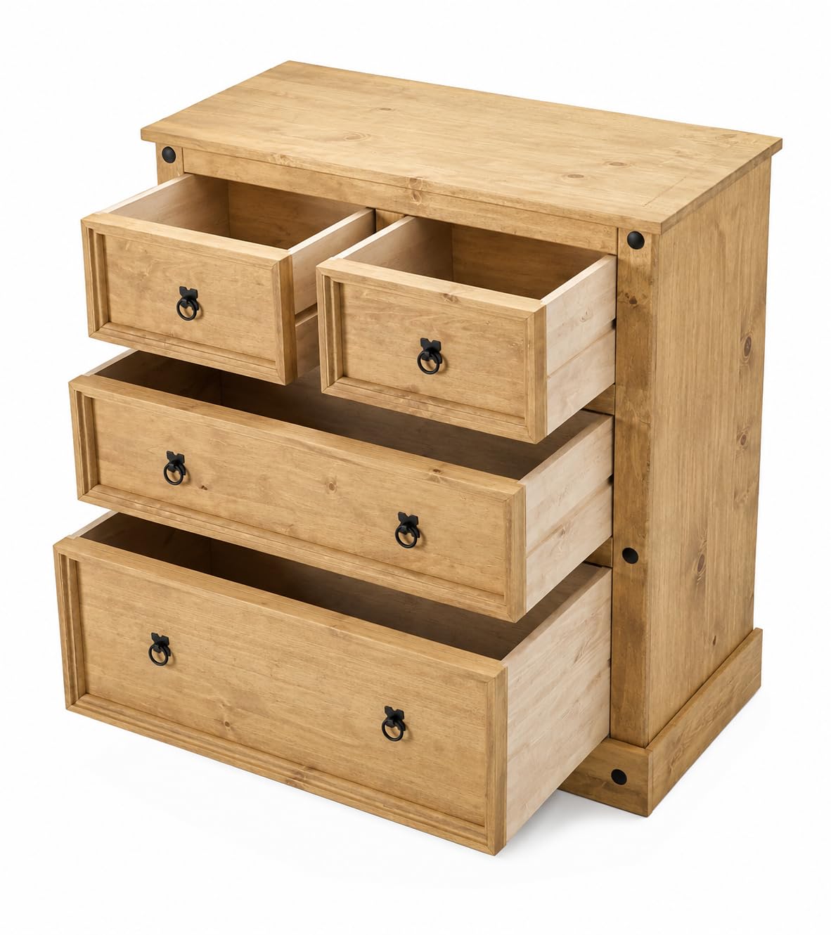 Corona Chest of Drawers 4 Drawer Solid Pine Wood with Traditional Design, Large Drawer Space, Black Metal Hardware, Wax Finish