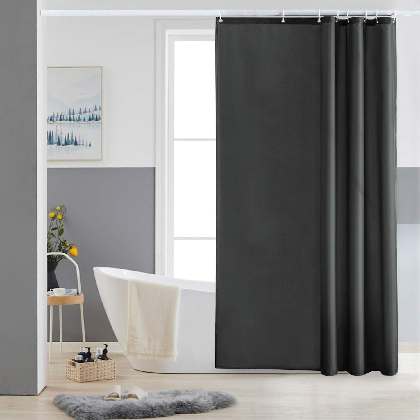 Furlinic Shower Curtain Mould Proof Resistantand Waterproof Washable Polyester Fabric Dark Grey Bath Curtains with Weight Tape 8 Hooks for Wetroom
