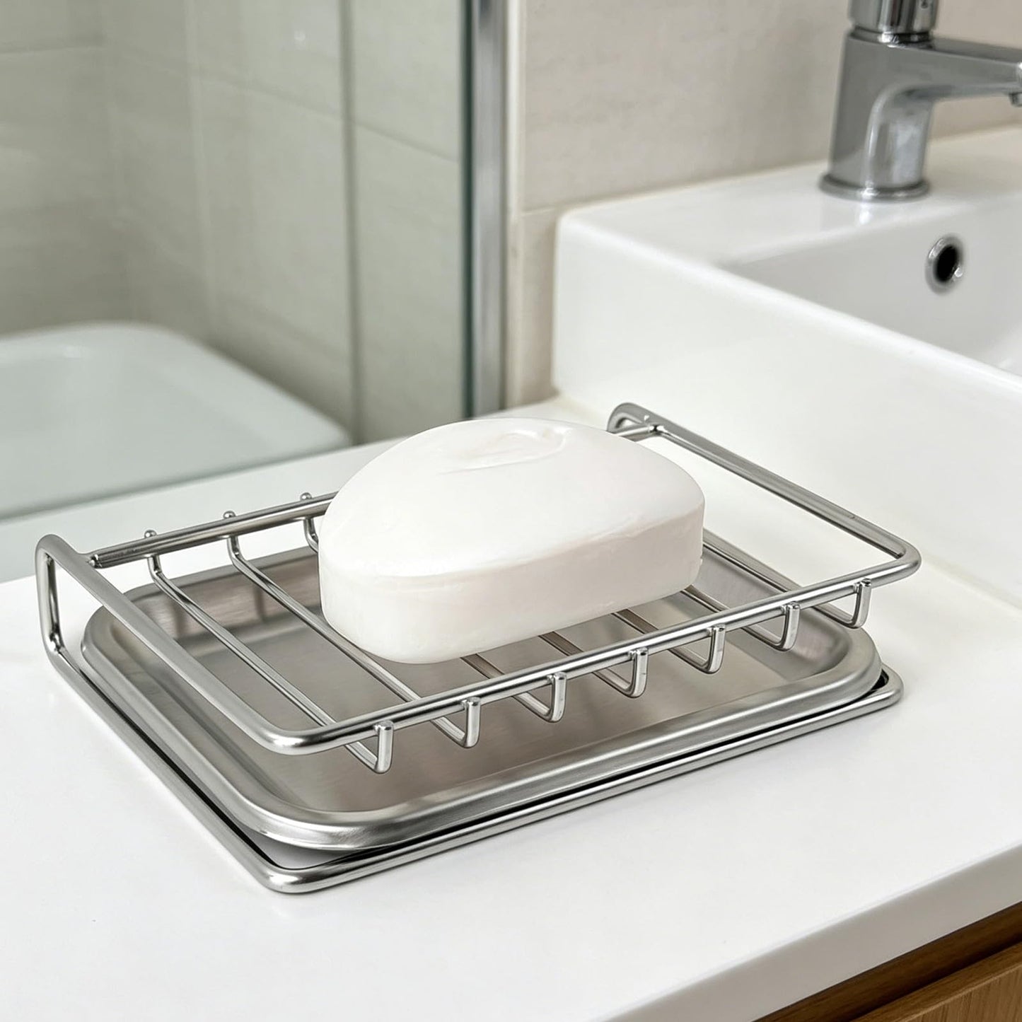 Soap Holder with Drip Tray - Stainless Steel Soap Dish for Shower, Quick Drying Sponge Holder with Drainage for Shower, Kitchen, Sink