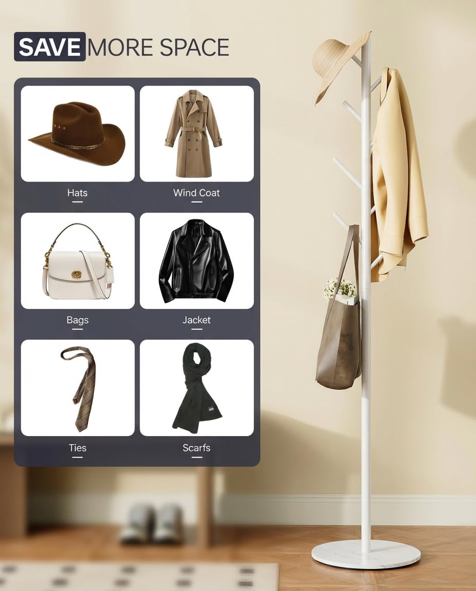 Tujurich Coat Rack with 8 Hooks, 3 Adjustable Heights, Modern Hall Tree, Sturdy Metal Coat Stand with Sintered Stone Base, for Hallway