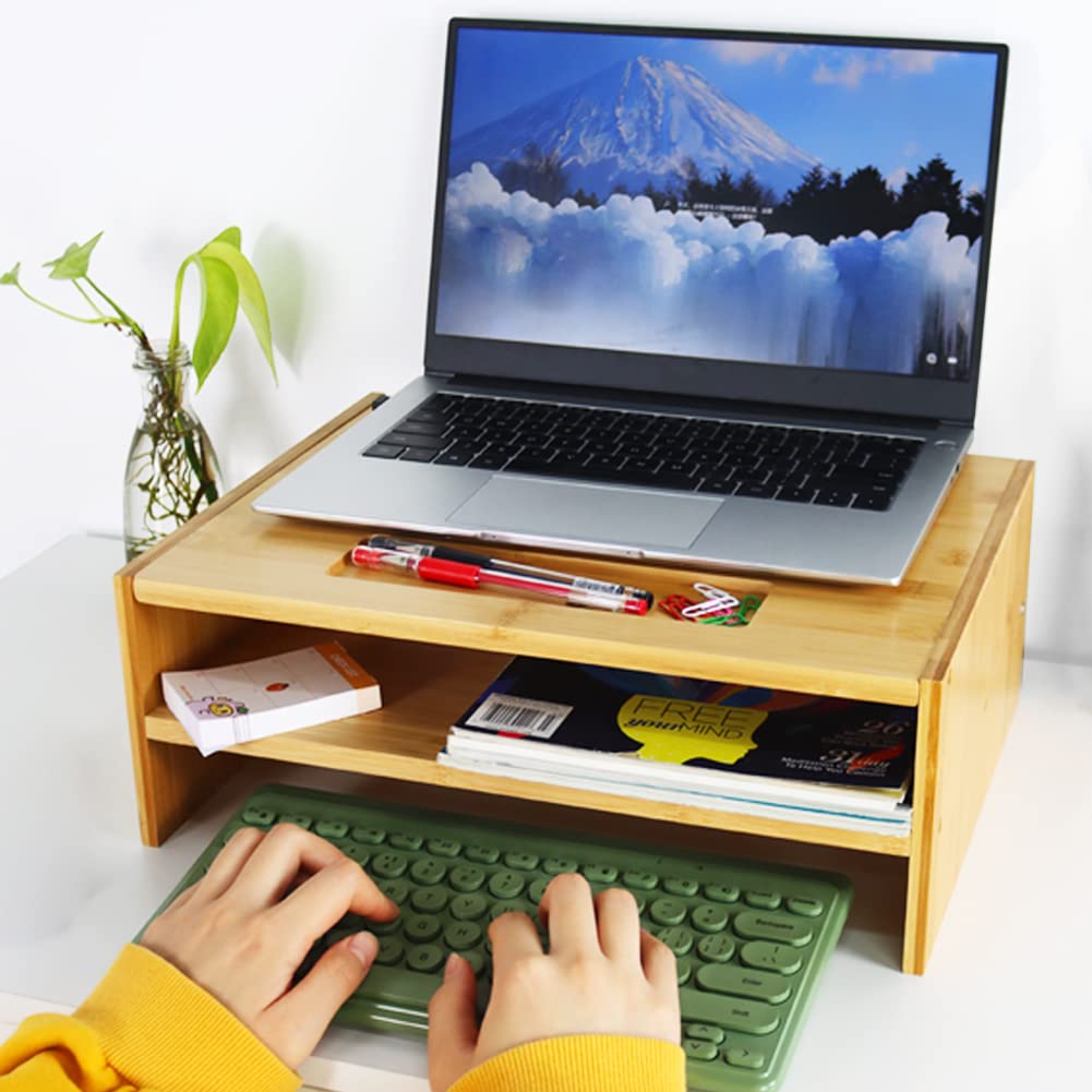 WKWKER 2-Tier Bamboo Monitor Stand With Grooved Storage Computer Monitor Riser Desk Tidy Organizer For Workstation Home Office Printer Laptop Stand