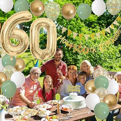 Jobkoo 60. Geburtstag Deko Salbeigrüne Banner 60 Geburtstag Girlande Zahl 60 Luftballons Geburtstag Tortendeko Grün Weiß Gold Party Ballons 60.ter Geburtstag Dekoration 60. Grün Gold