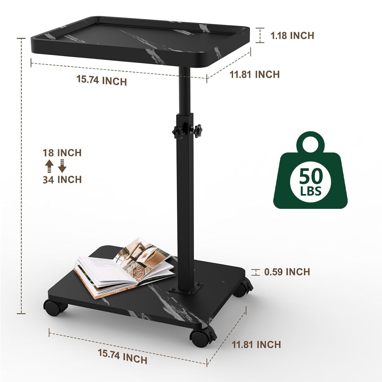 Kiss Me C Shaped Side Table, Height Adjustable, 360° Swivel With Wheels