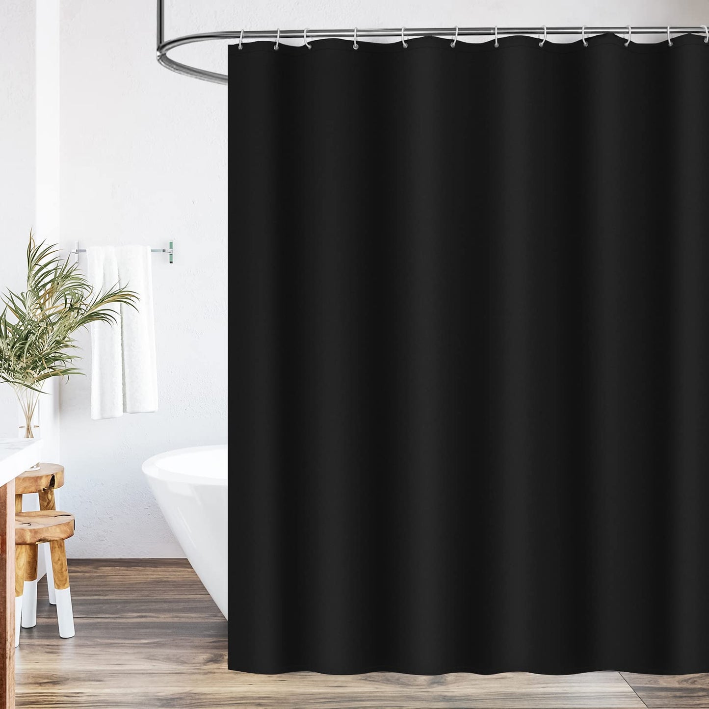 WELTRXE Shower Curtain Mould Proof Mildew Resistant, 180x180cm Black Bathroom Curtain Set With Hooks, Weighted Hem
