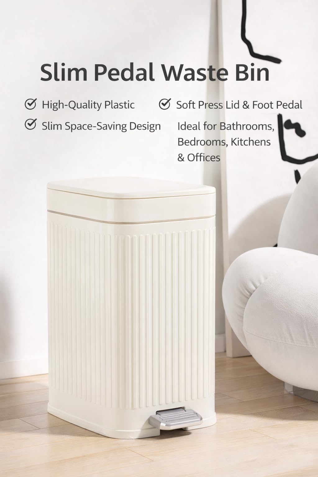 Modovo 7L Slim Pedal Waste Bin – Modern Narrow Plastic Dustbin with Soft Press Lid & Foot Pedal