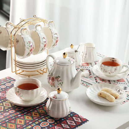 Sweejar Home Porcelain Tea Set Royal Family 225 ml to Cups and Saucers with Teapot Sugar Bowl Milk Jug Ceramic Tea and Coffee Cups (Rose Flower)
