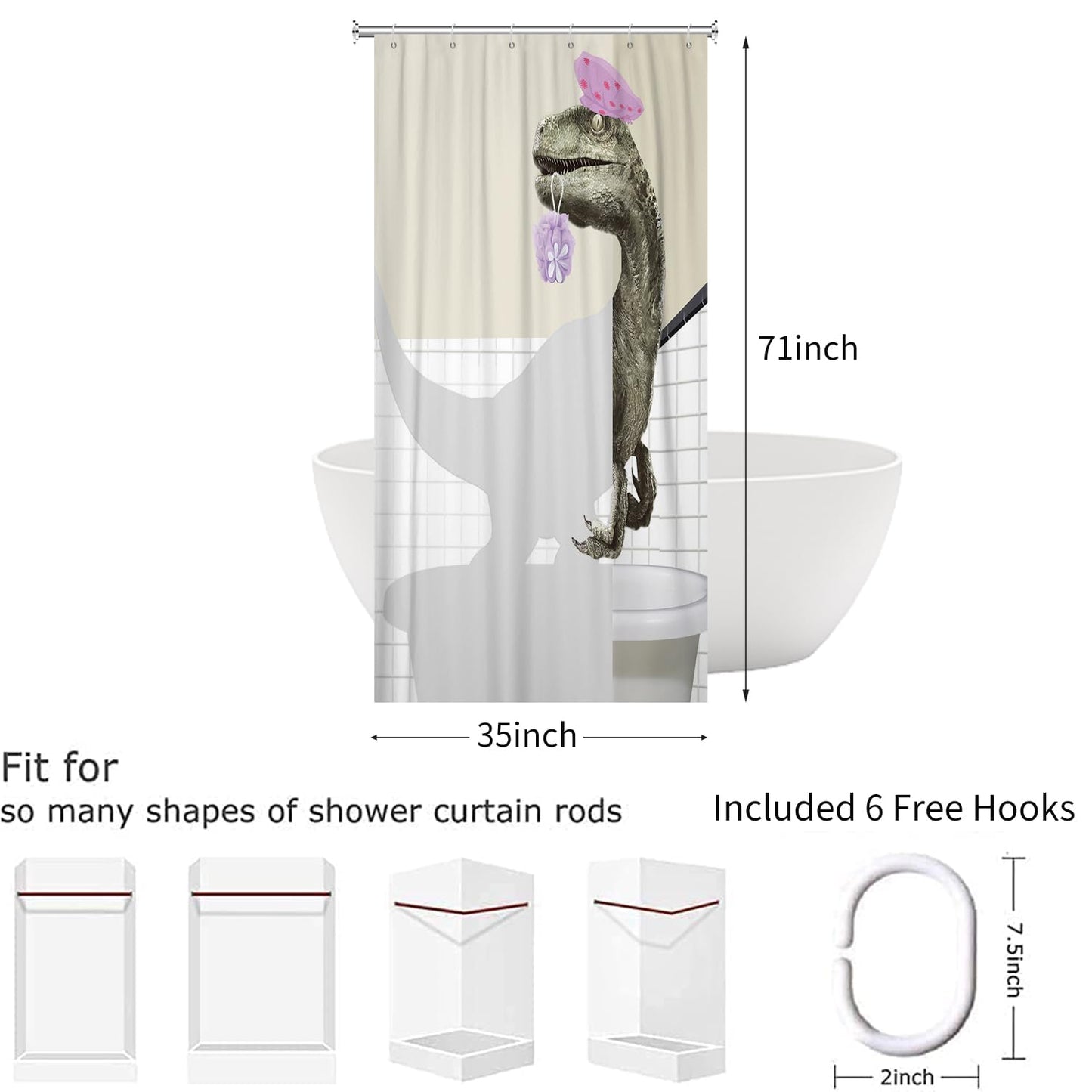 Hnmdmyi Funny Dinosaur Shower Curtain 90x180, Cute Bathing Dino Raptor Kids Bathroom Curtains Cartoon Animal Children Creative Modern Waterproof
