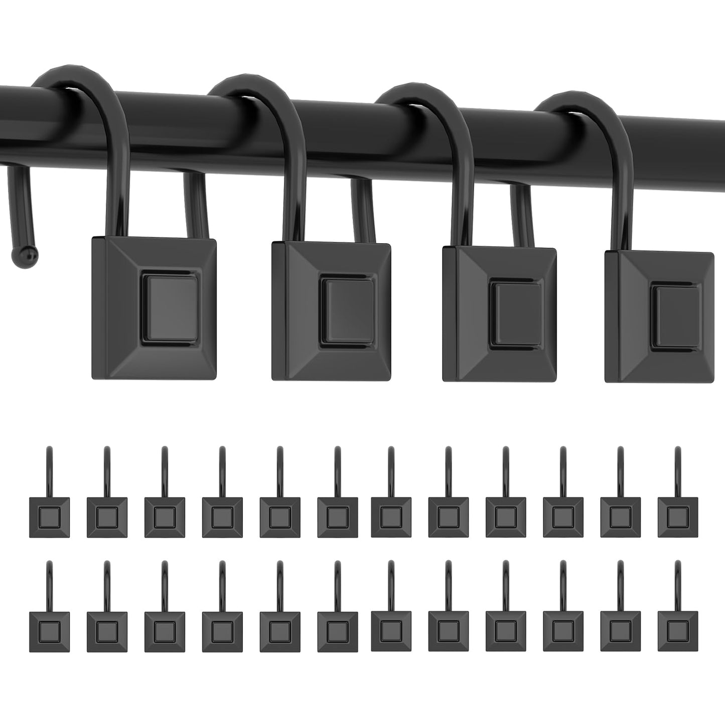 GILLAS 12 Black Zinc Shower Curtain Hooks Rings Square