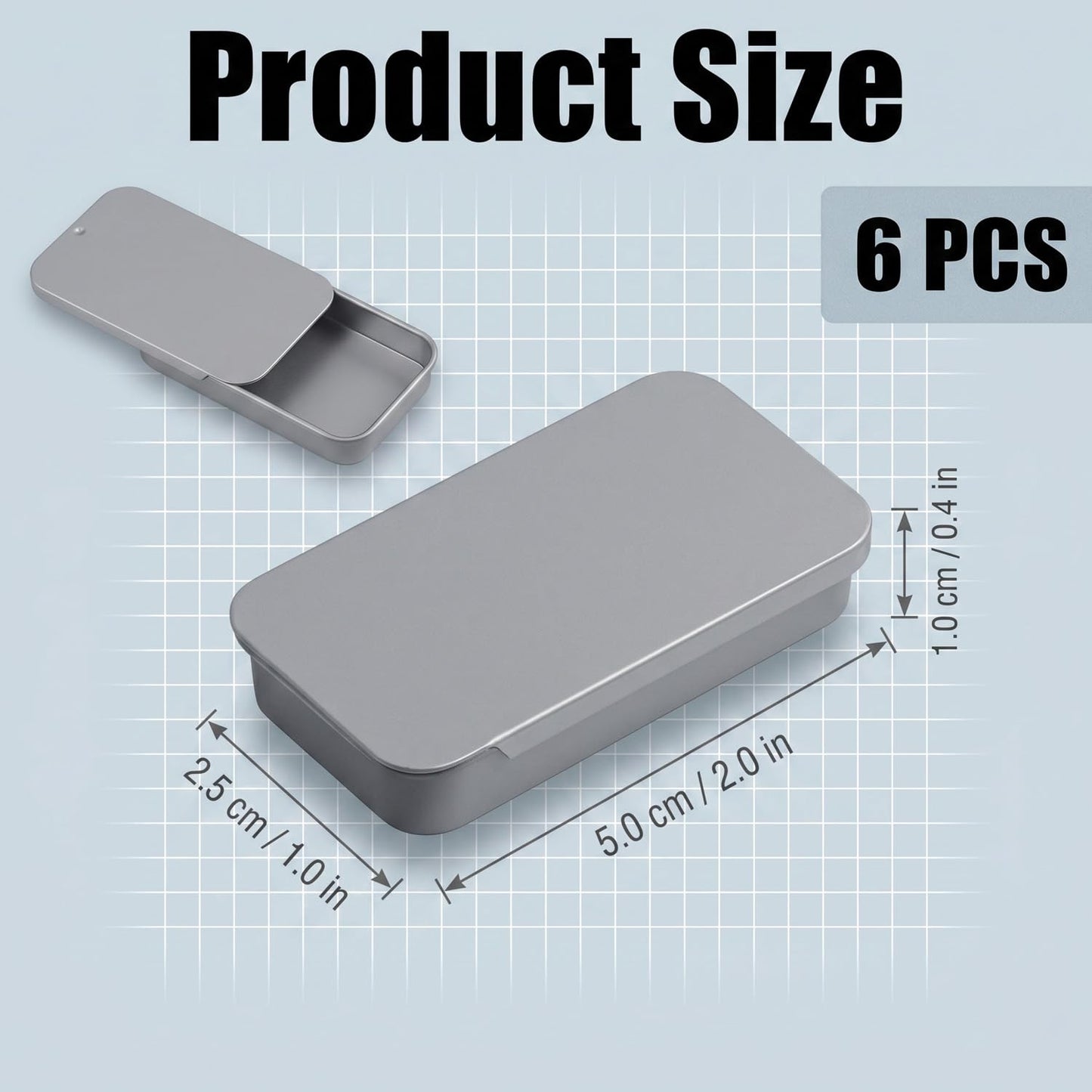 Lotsdonxia 6 Pcs Rectangular Tins, Slider Lid Metal Boxes, 50x25x10mm Portable Storage Containers, Silver Alloy Steel, Airtight Craft Organisers