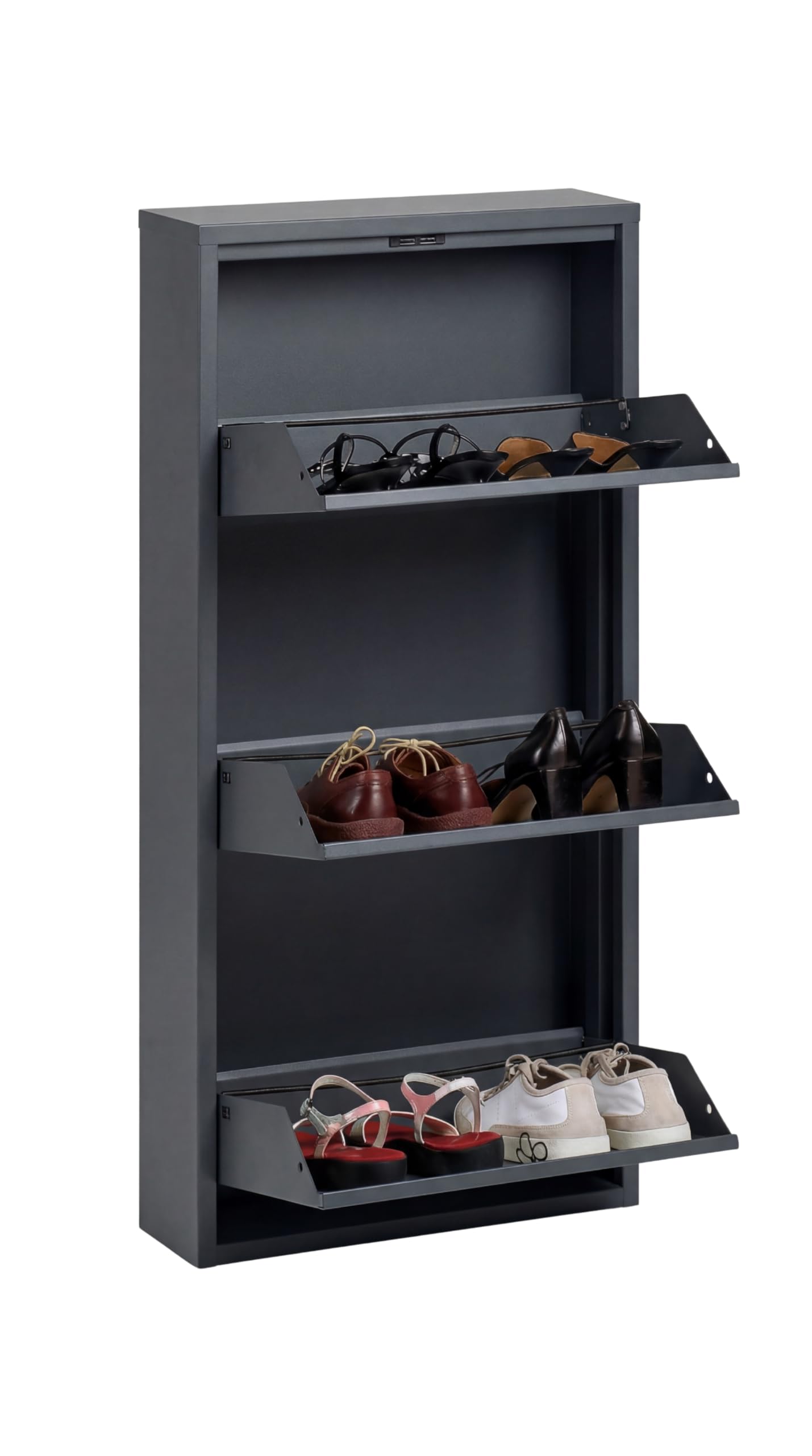 formood 3 Tier Metal Shoe Cabinet – Slim 15cm Wall Mounted Storage Cupboard with Pulldown Doors, Holds 6–9 Pairs