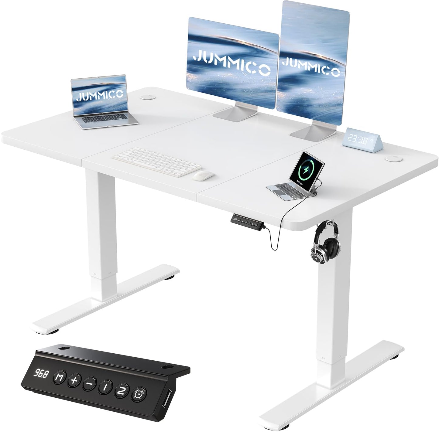 JUMMICO 120x60cm Electric Standing Desk with USB Charging Height Adjustable Desk with Sedentary Reminder Stand Up Desk with Splice Board for Home