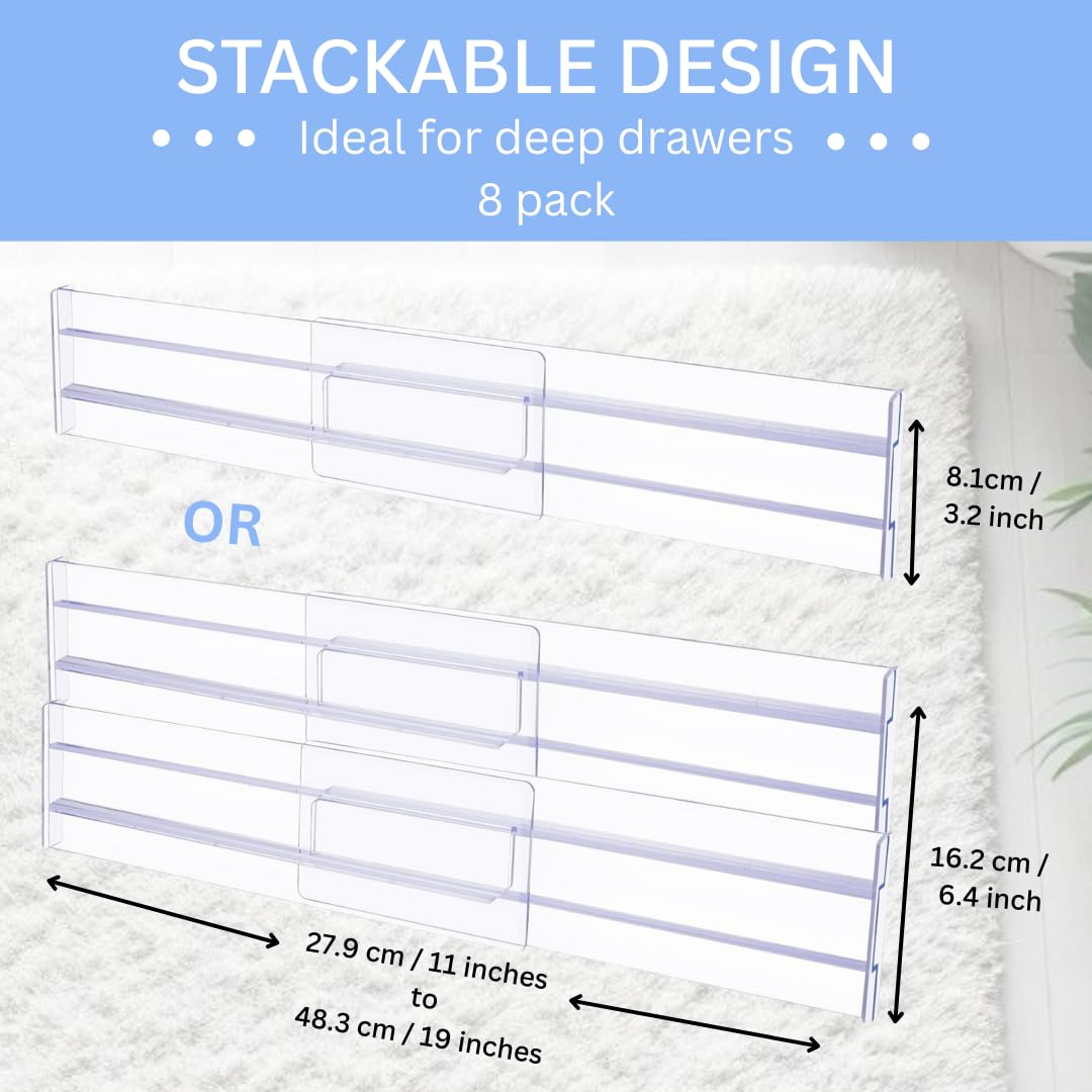 Lyfelights 8 Pack Drawer Dividers – Stackable, Adjustable & Expandable Organisers 12.2–21.4" for Deep Drawers – Clothes, Baby Items, Makeup