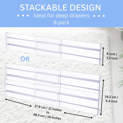 Lyfelights 8 Pack Drawer Dividers – Stackable, Adjustable & Expandable Organisers 12.2–21.4" for Deep Drawers – Clothes, Baby Items, Makeup
