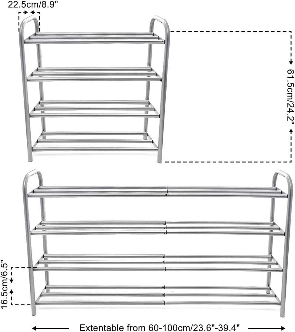 Gurkkst 4 Tier Extendable Shoe Rack Organiser Strong and Durable Heavy Duty Metal Footwear Storage Rack Holds 20+ Pairs (60-100) x 22,5 x 61,5 cm