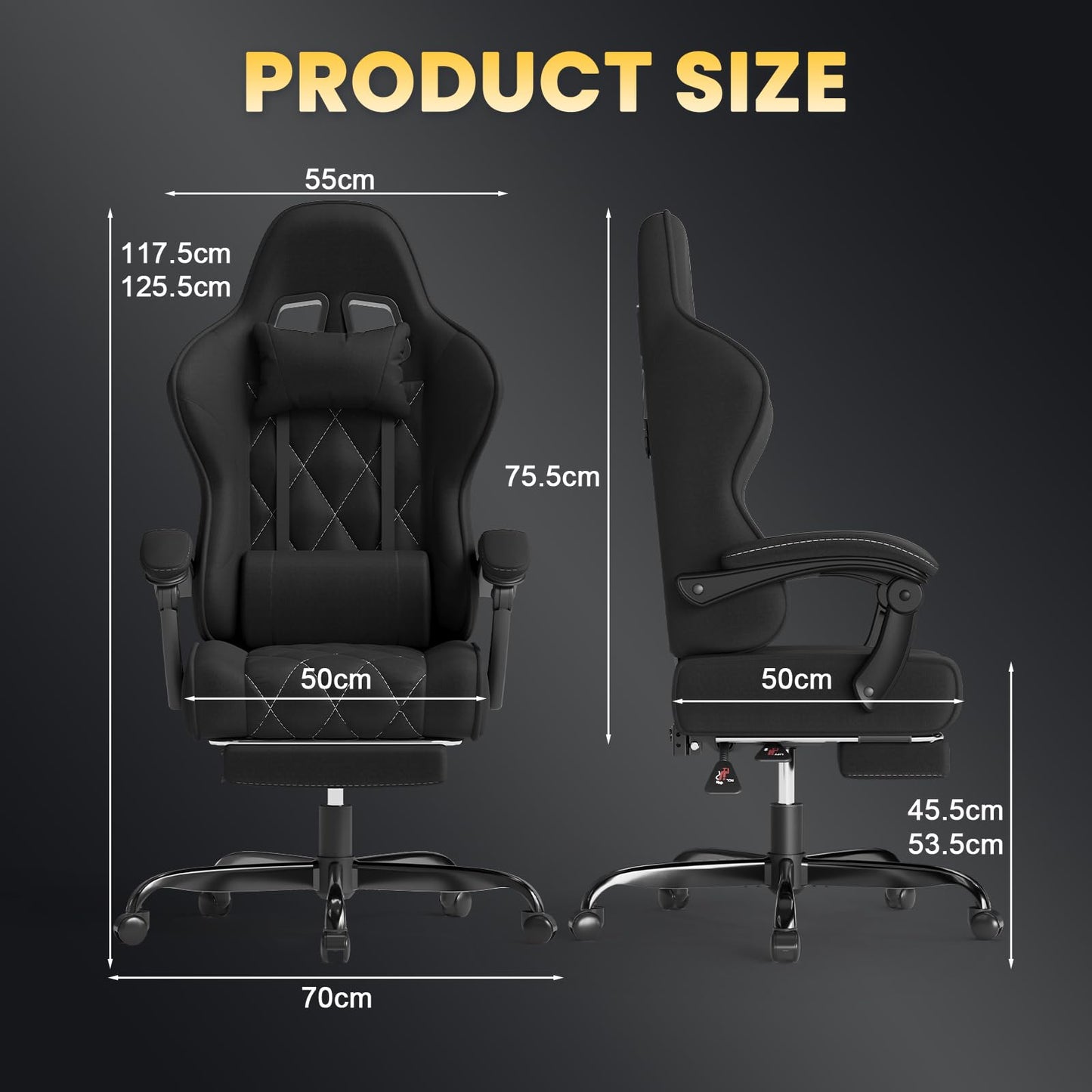 JUMMICO Ergonomic Fabric Gaming Chair with Footrest, 2-Point Vibration Massage Lumbar Support, Linked Reclining Armrests, 90-135° Reclining Backrest