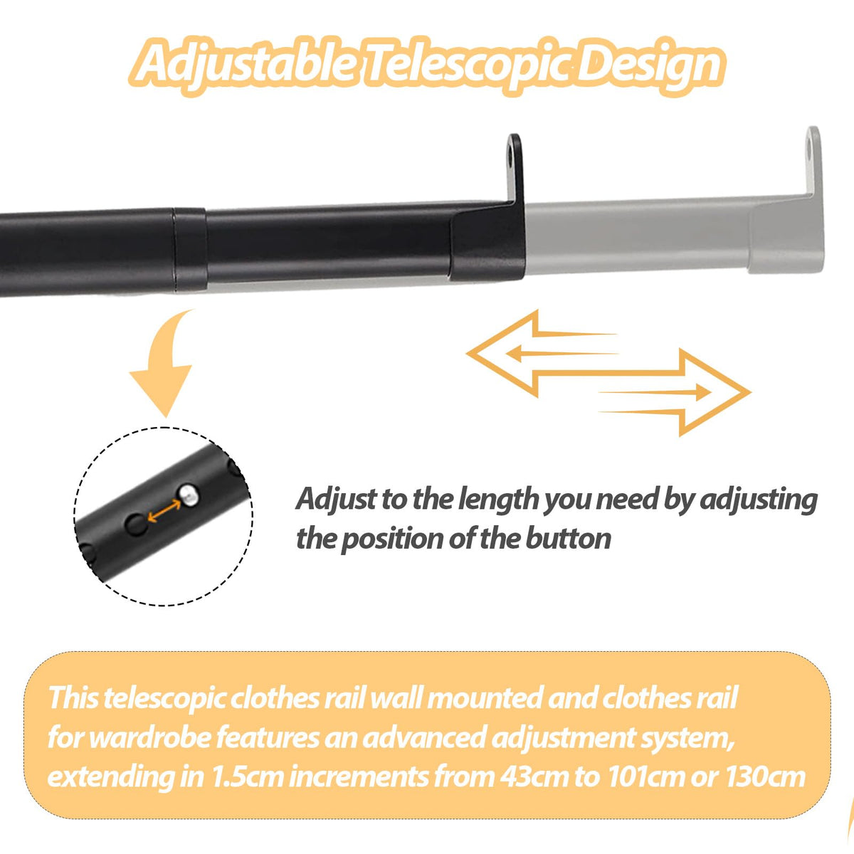 Adjustable Pole For Wardrobe, Heavy Duty Hanging Rail Wall Mounted with 2 Brackets, Stainless Steel Clothes Rail Wall Mounted