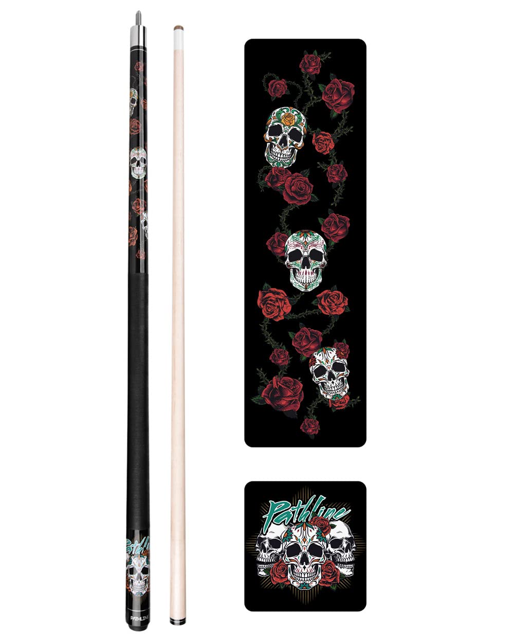 Pathline PL518 Pool Cue Stick - 58" Canadian Maple 13mm Tip Billiard Pool Stick(Black/Skull - 18oz)