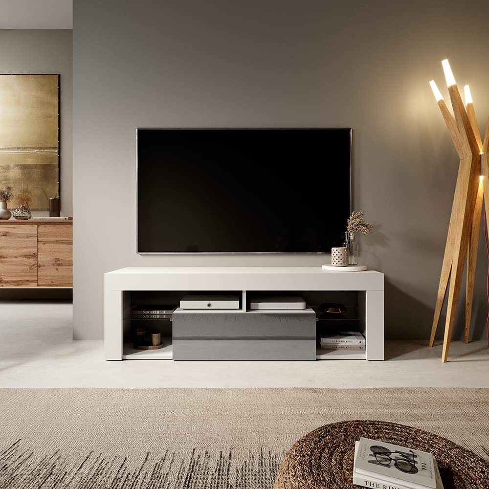 Selsey Bianko 5902409942118 TV Cabinet with Hinged Door, Laminated Plate, Matt White/Grey High Gloss, 35 x 140 x 51 cm