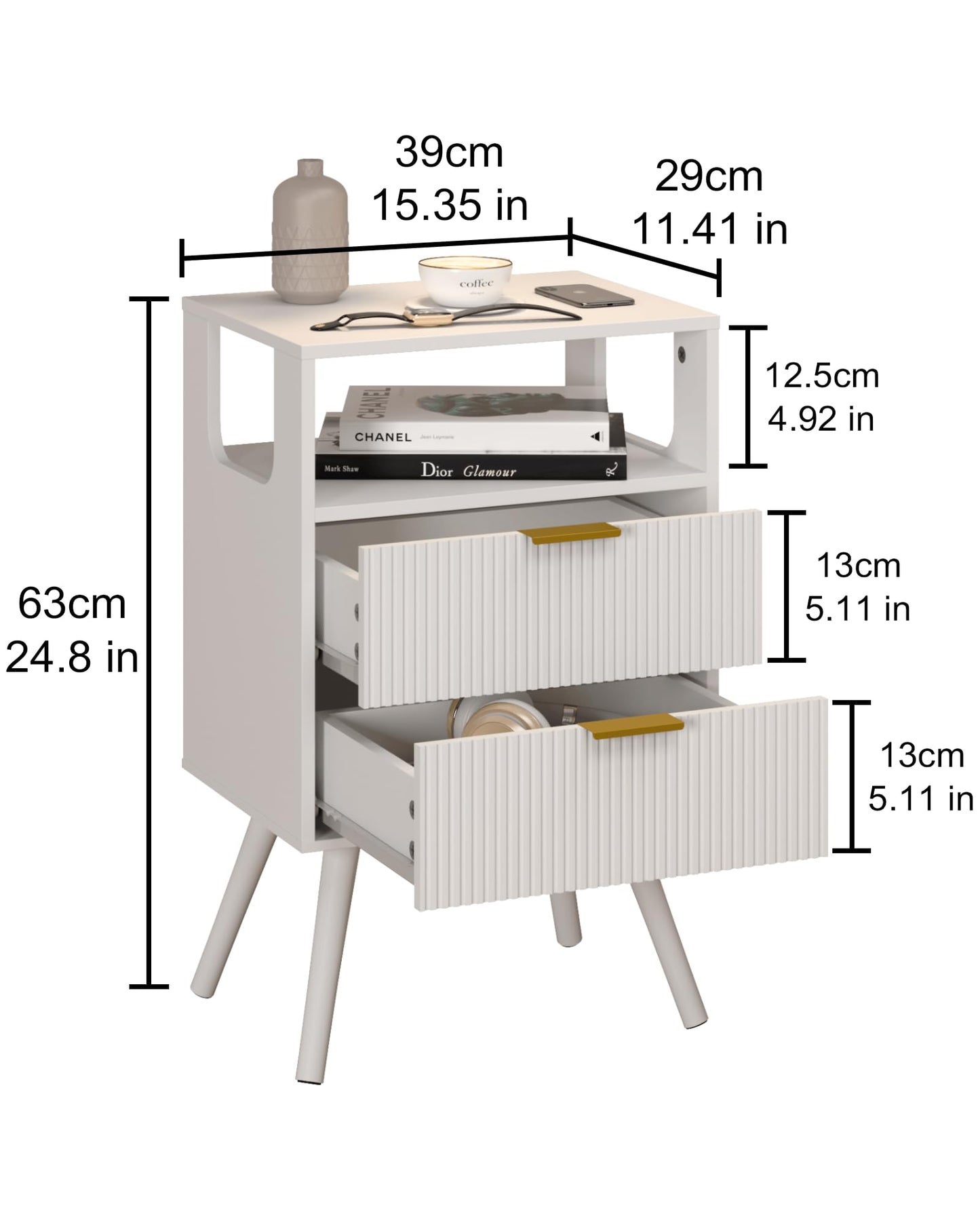 JERX Wooden Bedside Table, Nightstand with 2 Storage Drawer and Open Shelf Modern Bedside Cabinet for Bedroom,White