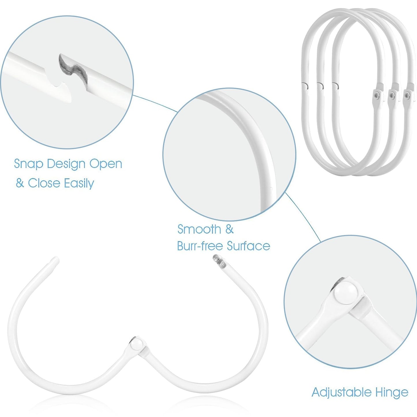 Goowin Shower Curtain Hooks, 12 Pcs Shower Curtain Rings Rust Proof Metal Oval Rings Clasp Closed Shower Curtain Rings for Bathroom Shower Rods