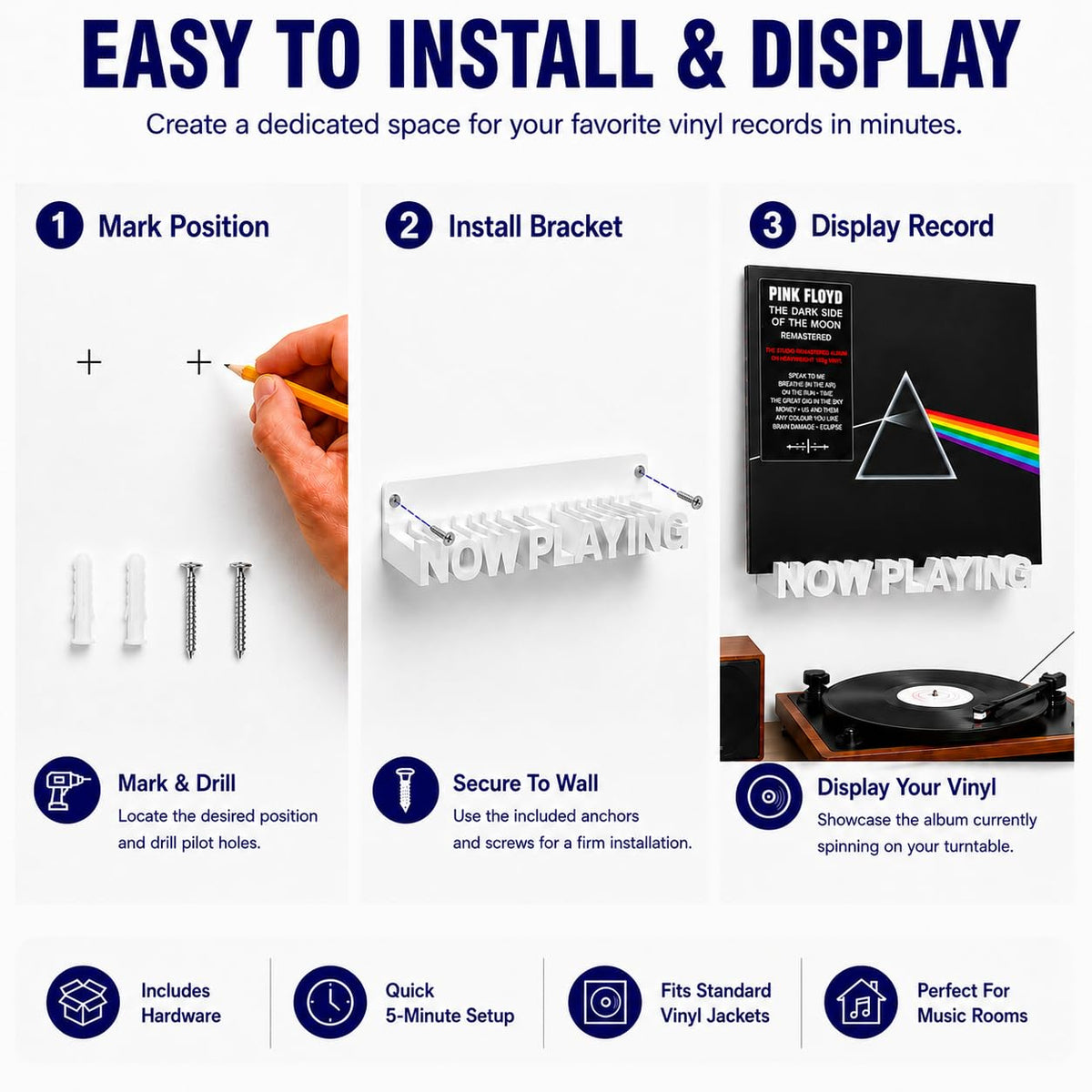 WPESI Now Playing Vinyl Record Stand, Wall Mount Display for Albums - Hanging Record Storage Holder White