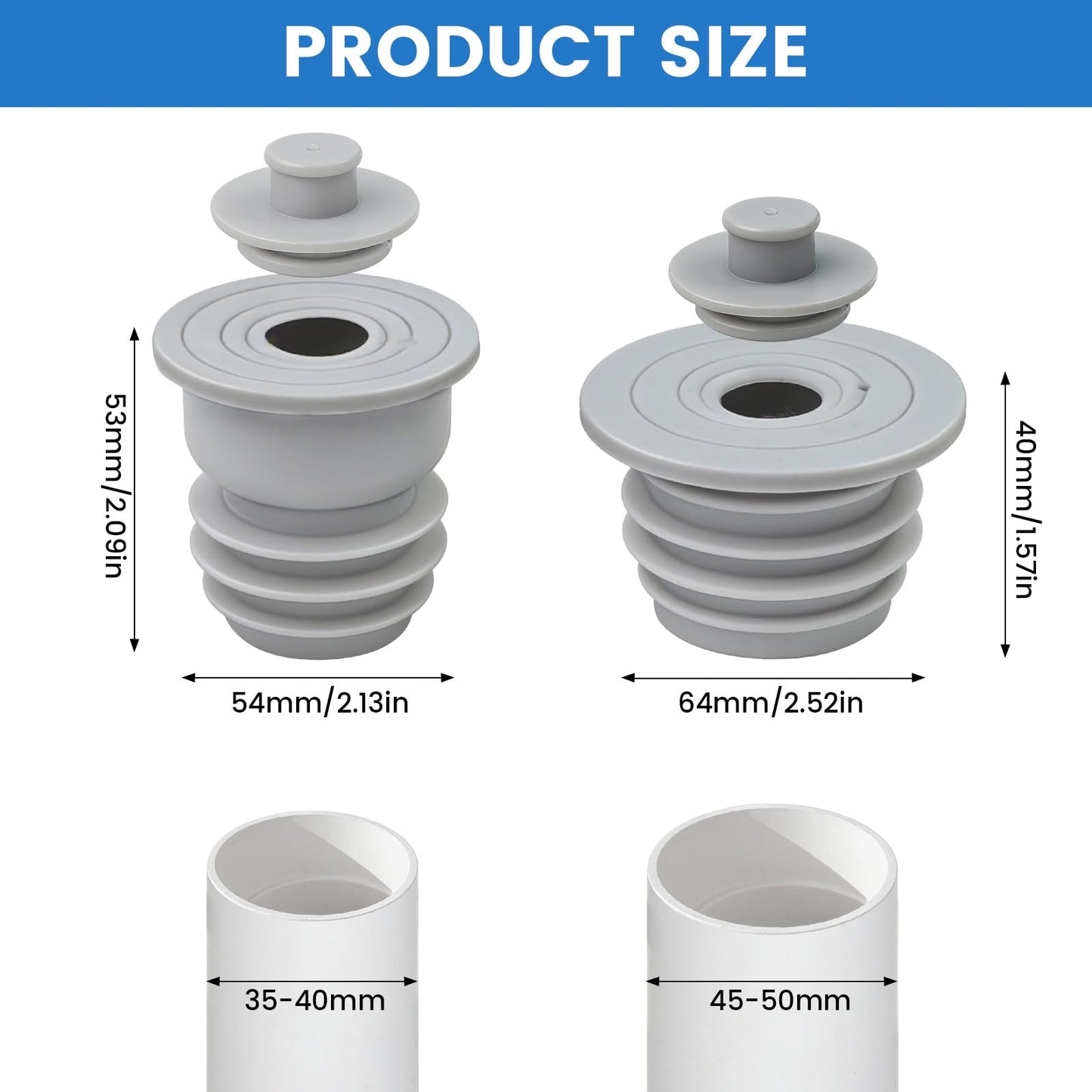 2PCS Washing Machine Waste Pipe Connector, 35-40mm, 45-50mm Washing Machine Drain Hose Seal, Drain Pipe Silicone Seal Plug with Built-in Valve