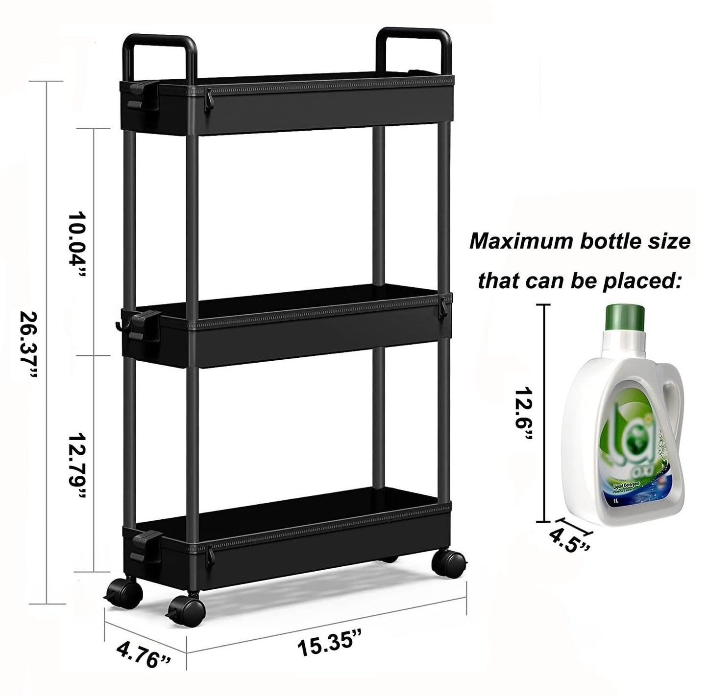 SOLEJAZZ 3-Tier Storage Trolley Cart Slide-out Slim Rolling Utility Cart Mobile Storage Shelving Organizer for Kitchen, Bathroom, Laundry Room