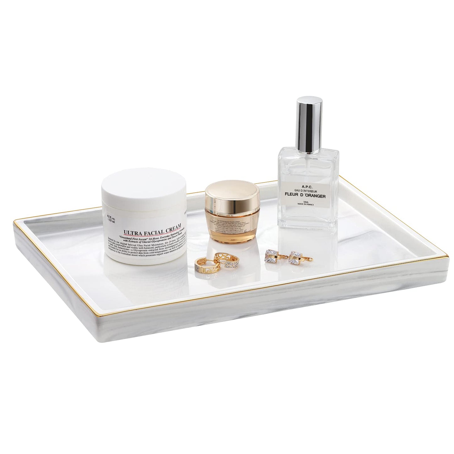Shinowa Ceramic Vanity Tray, Bathroom Counter Tray Marble Finish Perfume Tray Rectangle Decorative Tray for Vanity Dresser Bathroom Countertop Living