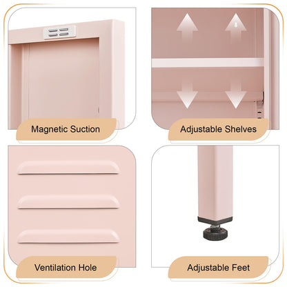 GREATMEET Metal Locker Storage Cabinet, Pink Accent Storage Cabinet, Metal Pantry with Doors for Living Room,Kitchen,Office