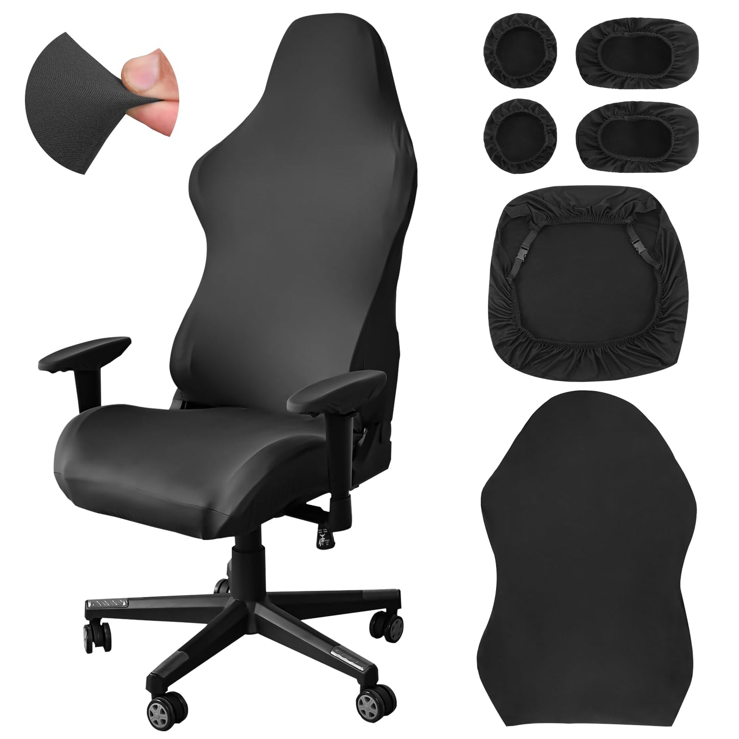 6Pcs Gaming Chair Set - Soft Breathable Black Stretch Cover & Arm & Headphone Accessories for Office & Computer Swivel Chairs