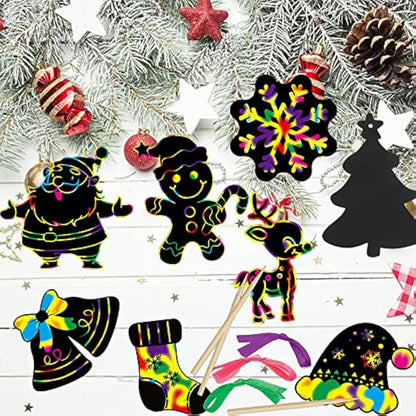 VEYLIN 48 Pieces Christmas Scratch Art Hanging Decorations, Christmas Scratch Papers with 48 Pieces Ribbons for Kids Party Bag Fillers
