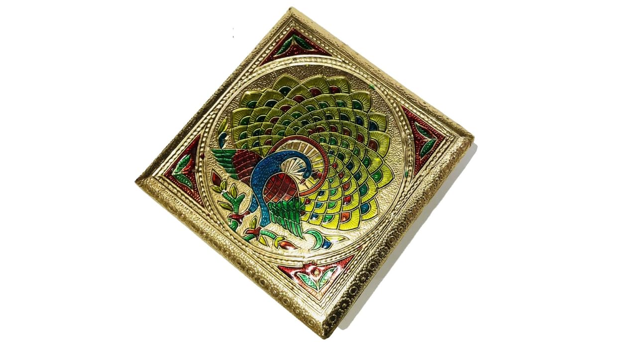 AARNAV 6" x 6" Handcrafted Low Table Bajath Bajot Chowki For God Temple or Lamp or Vase or Hindu Puja Brass Minakari Table (Brass Minakari 6"x6")