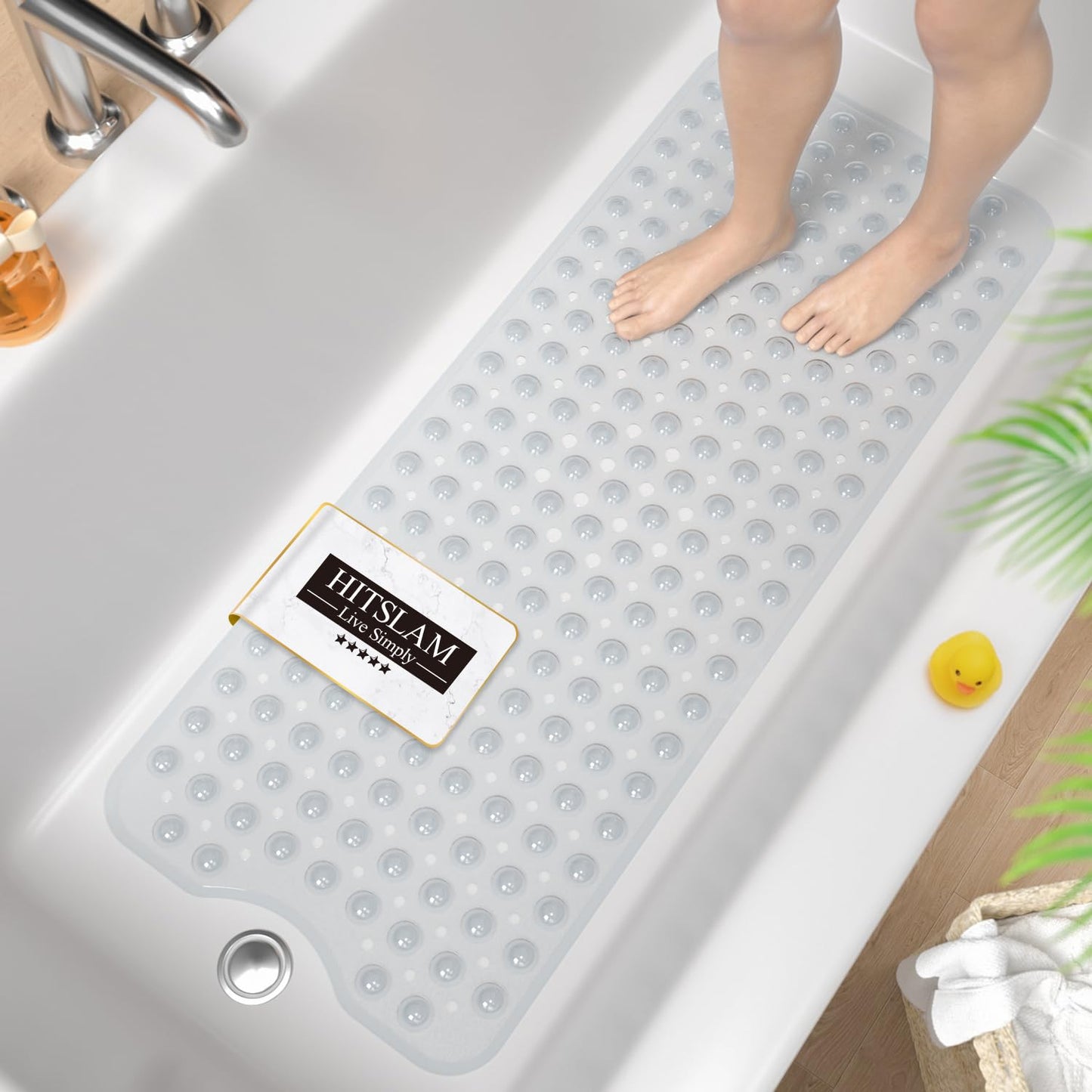 HITSLAM Non Slip Bath Mat for Tub, 101 x 40cm Extra Long Shower Mat Anti Mould, Machine Washable Bathroom Bathtub Mat with Suction Cups and Drain