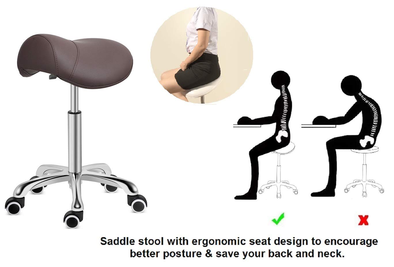 Kaleurrier Saddle Stool Rolling Swivel Height Adjustable with Wheels,Heavy Duty Anti-Fatigue Stool,Ergonomic Stool Chair for