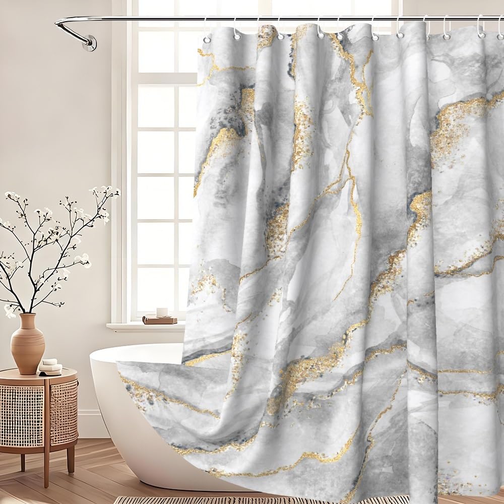 Xiaoterna Marble Shower Curtain 3D Grey Gold Bathroom Curtain Luxury Modern Abstract Grey Marble Golden Dots Water Repellant Machine Washable Shower