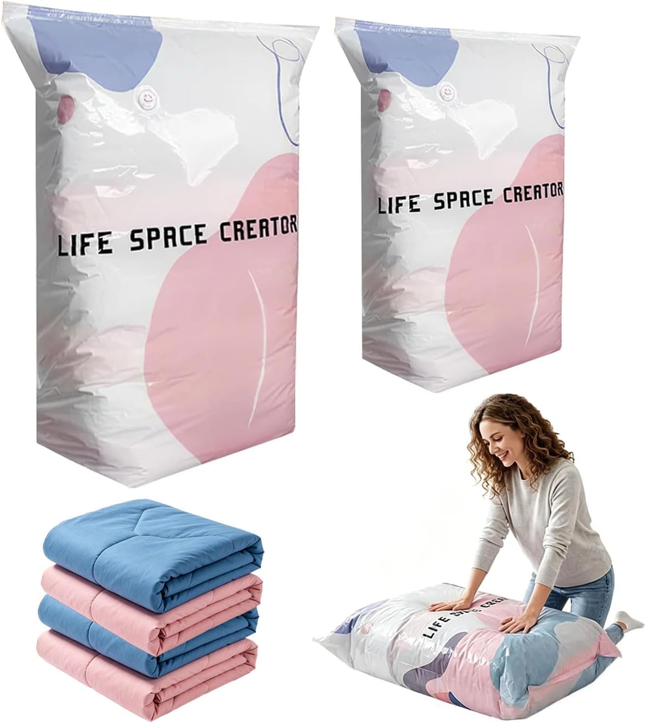 ZFFAFUR No-Pump Vacuum Storage Bags 2-Pack Large – Press & Seal Space Saver for Clothes, Duvets, Pillows & Blankets – Keeps Bedding Dry