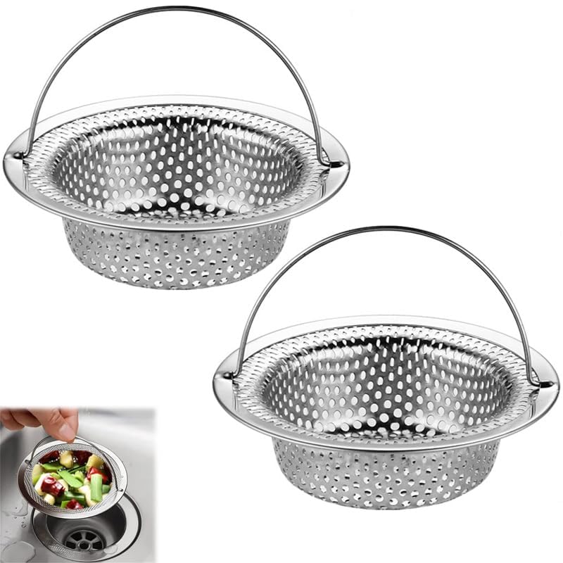 Azlanway Sink Strainer Kitchen Sink Stainless Steel with Handle, Pack of 2 Sink Strainer 11 x 8 x 2.3 cm, Kitchen Drain Protection