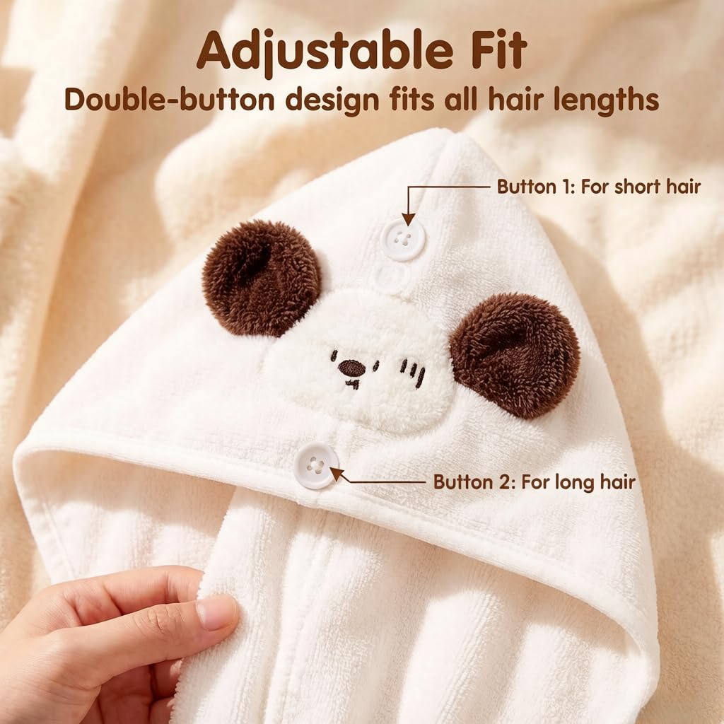 Satiskid Hair Towel Wrap, Quick Dry Turban with Button, Super Absorbent Microfibre Wrap Hair Dry Cap for Women & Kids,Soft Hair Drying Towel,Adorable