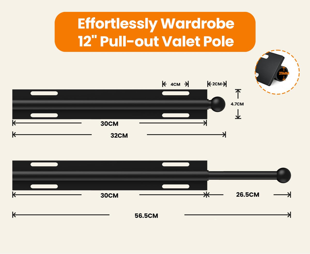 Widyana Telescopic Wardrobe Rail | Extendable Valet Rod for Clothes 12” | Adjustable Pull-Out Hanging Rail for Suits & Next-Day Outfits, Black