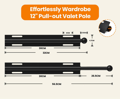 Widyana Telescopic Wardrobe Rail | Extendable Valet Rod for Clothes 12” | Adjustable Pull-Out Hanging Rail for Suits & Next-Day Outfits, Black